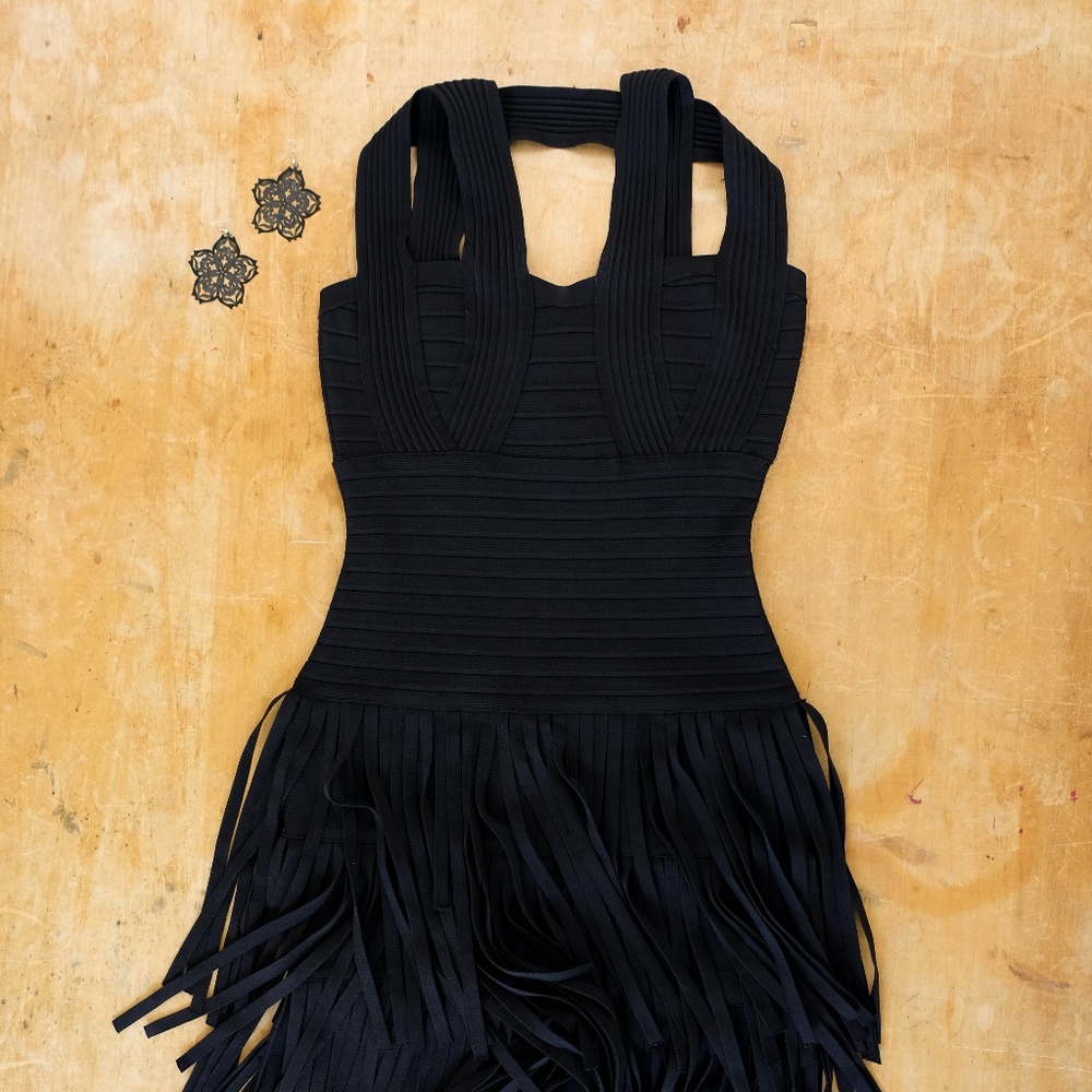 Fringe Hem Little Black Party Dress Size Medium